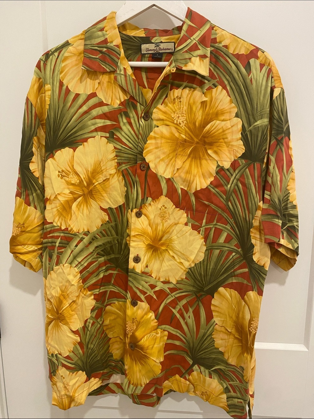 Vintage Tommy Bahama Hawaiian Shirt Mens Medium Silk Yellow Hibiscus Orange Palm
